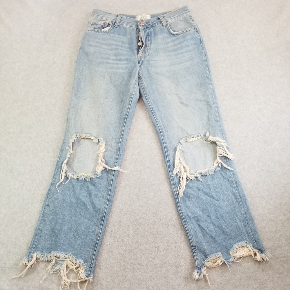 Free People Jeans Womens 26 Blue Distressed Ripped Knee Shredded Fray Wide Leg